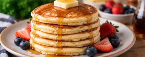 Stack of fluffy buttermilk pancakes topped with butter and maple syrup