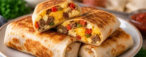 Breakfast burritos stacked on a plate, sliced open to show eggs, sausage, and peppers