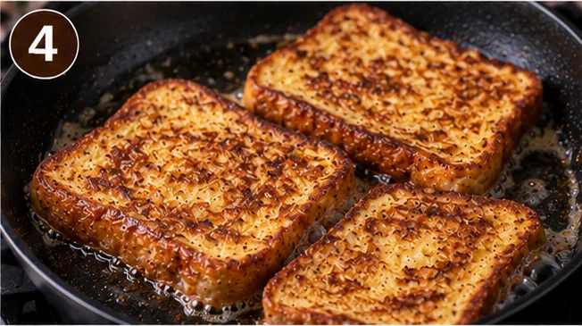 Cinnamon French toast slices cooking golden brown in a skillet