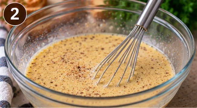 Cinnamon egg custard whisked together in a glass bowl