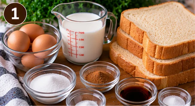 Eggs, milk, bread slices, cinnamon, sugar, and vanilla for classic cinnamon French toast