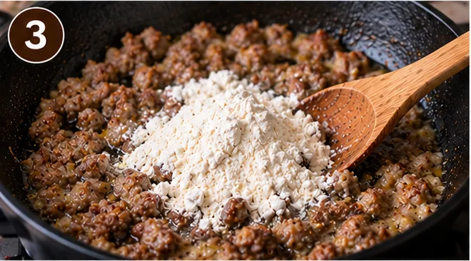 Flour being stirred into browned sausage to build a roux