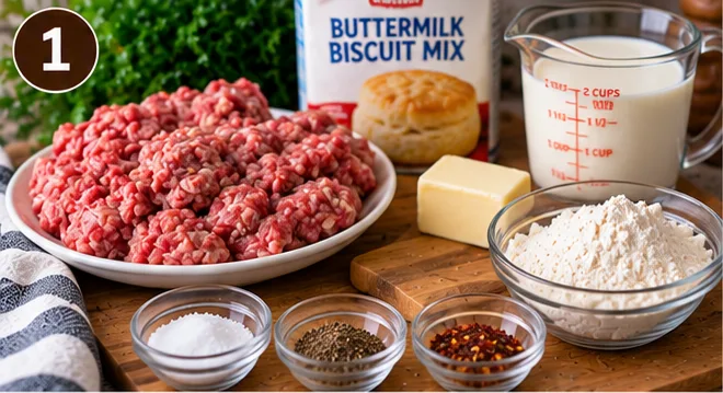 Breakfast sausage, buttermilk biscuit mix, butter, flour, and milk for sausage gravy and biscuits