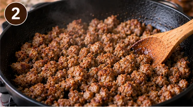 Breakfast sausage browning in a skillet