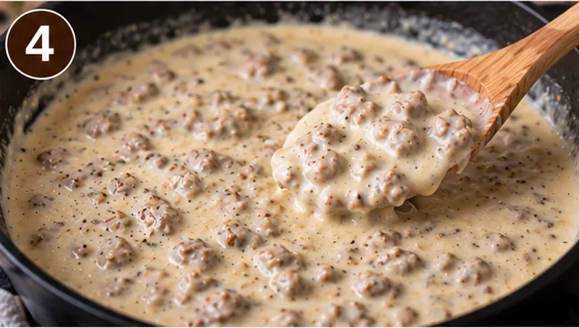 Thickened sausage gravy in a skillet