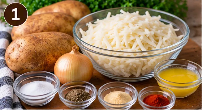 Shredded russet potatoes, onion, and seasonings for crispy diner-style hash browns