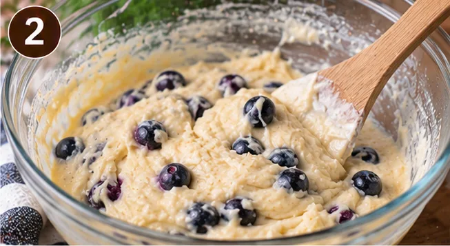 Blueberry muffin batter with berries folded in, in a glass bowl