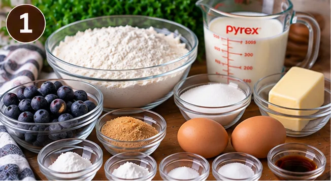 Flour, blueberries, butter, sugar, eggs, and buttermilk for classic blueberry muffins
