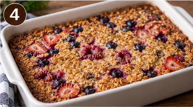 Baked oatmeal with berries fresh out of the oven in a baking dish
