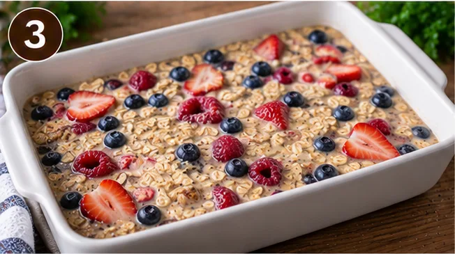 Unbaked oatmeal batter with berries spread in a baking dish