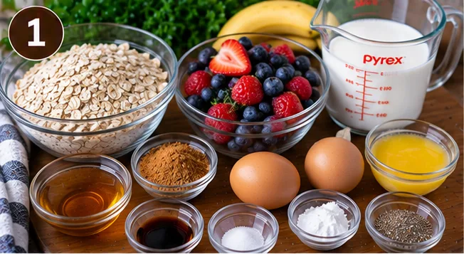 Rolled oats, mixed berries, milk, eggs, cinnamon, and maple syrup for baked oatmeal
