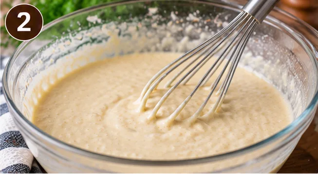 Buttermilk pancake batter whisked together in a glass bowl