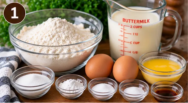 Flour, buttermilk, eggs, and melted butter for fluffy buttermilk pancakes