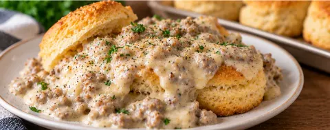 Split biscuit smothered in peppery sausage gravy on a plate