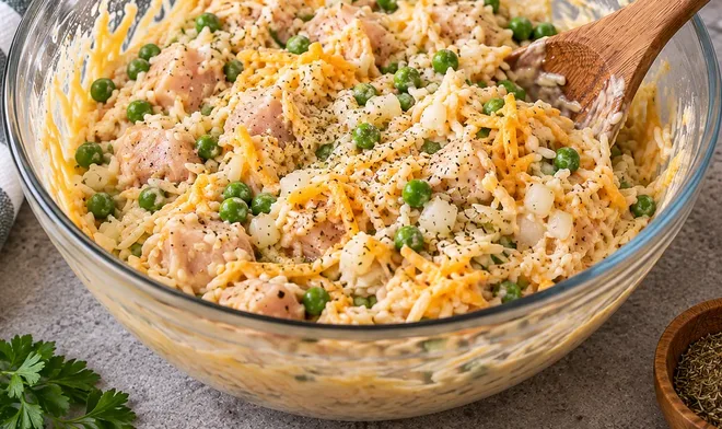 Chicken, rice, peas, and cheese stirred together in a bowl before baking