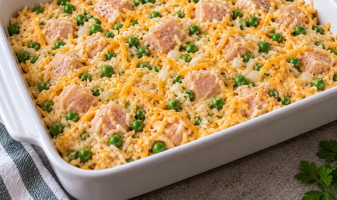 Unbaked chicken and rice casserole spread evenly in a baking dish