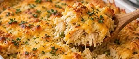 Easy chicken and rice casserole baked until golden and creamy