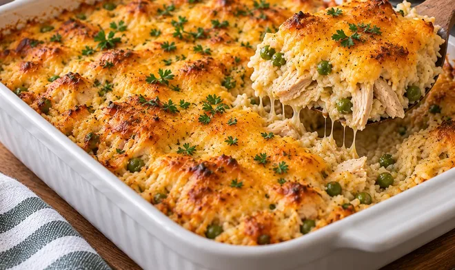 Baked chicken and rice casserole with melted cheese, a spoonful lifted from the dish