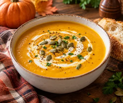 Bowl of creamy pumpkin soup topped with a cream swirl, pumpkin seeds, and parsley, served with crusty bread