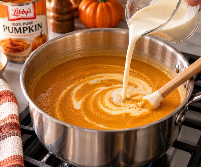 Heavy cream being poured into the saucepan of pumpkin soup, creating a swirl