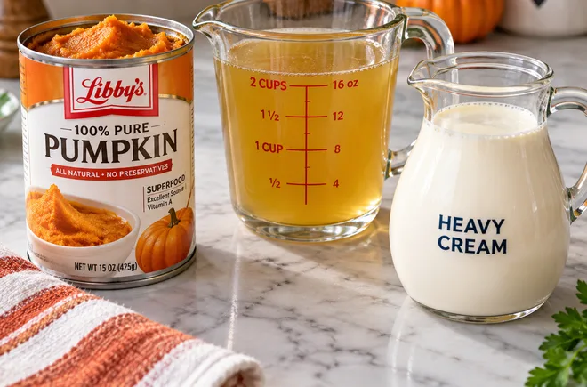 Canned pumpkin puree, broth, and heavy cream measured out for 3-ingredient pumpkin soup