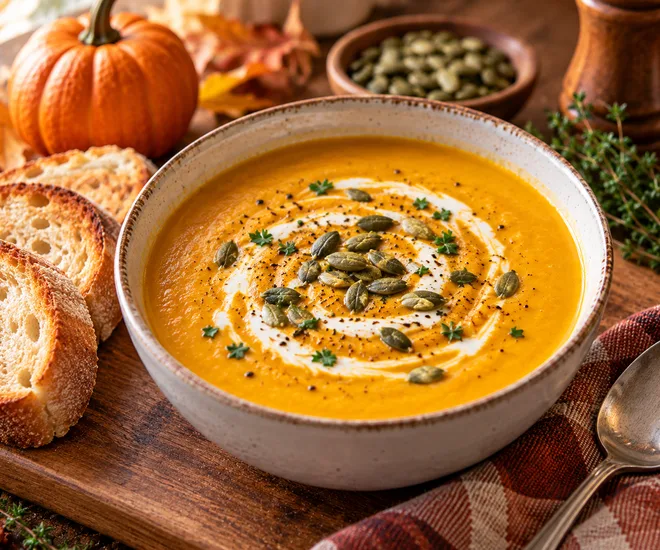 Bowl of pumpkin soup served with toasted crusty bread, pumpkin seeds, and fresh thyme