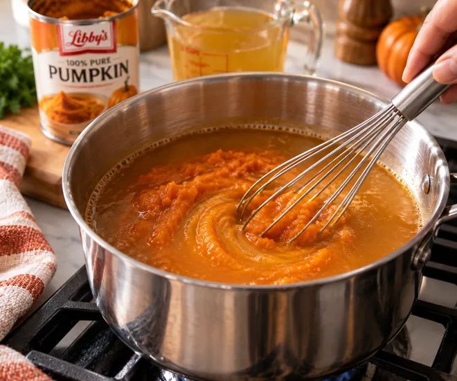 Pumpkin puree and broth being whisked together in a saucepan on the stove