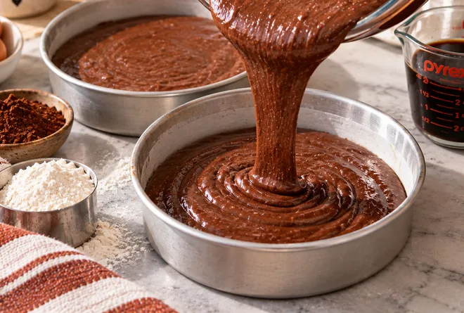 Chocolate cake batter being poured into round cake pans