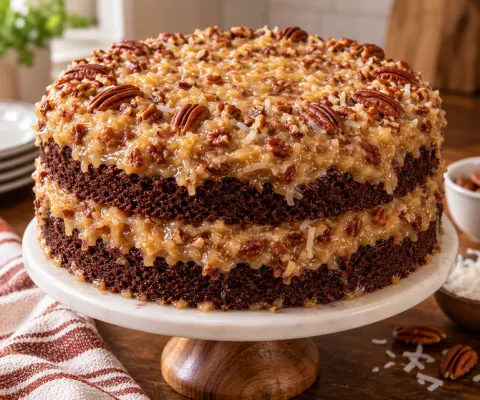 Layered German chocolate cake topped with coconut pecan frosting on a cake stand