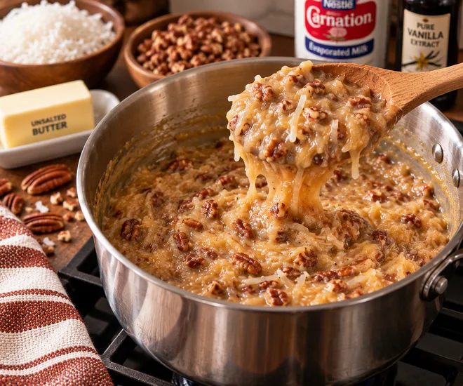 Homemade coconut pecan frosting being lifted with a wooden spoon from the saucepan