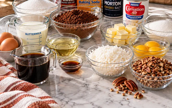 Flour, cocoa powder, buttermilk, eggs, evaporated milk, coconut, and pecans for German chocolate cake and its frosting