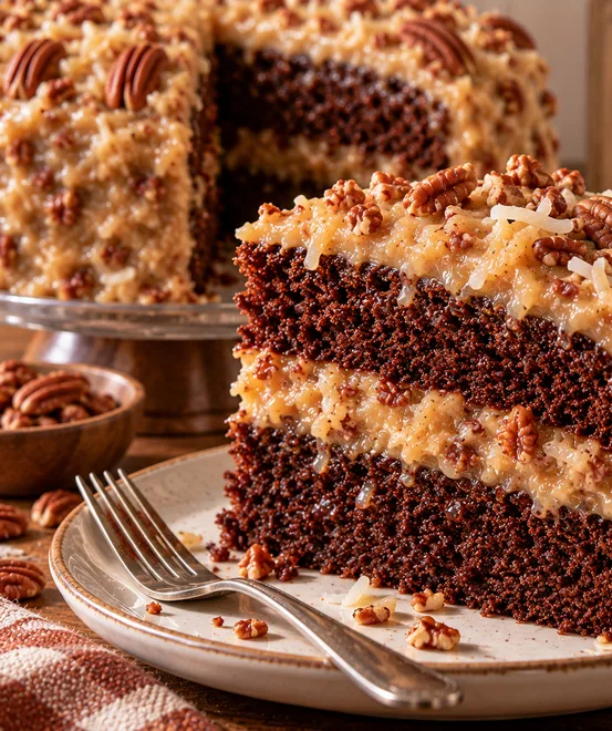 Slice of German chocolate cake on a plate, showing the moist chocolate layers and coconut pecan filling