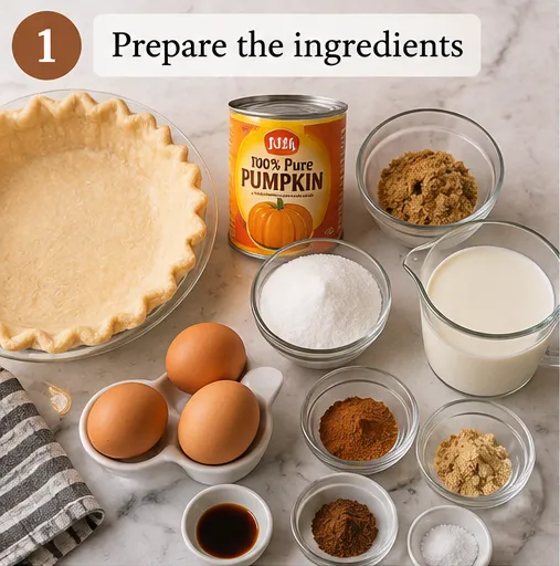 Pumpkin pie ingredients laid out, including canned pumpkin puree, eggs, sugar, spices, evaporated milk, and an unbaked pie crust