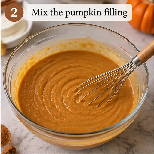 Smooth orange pumpkin pie filling being whisked in a glass mixing bowl