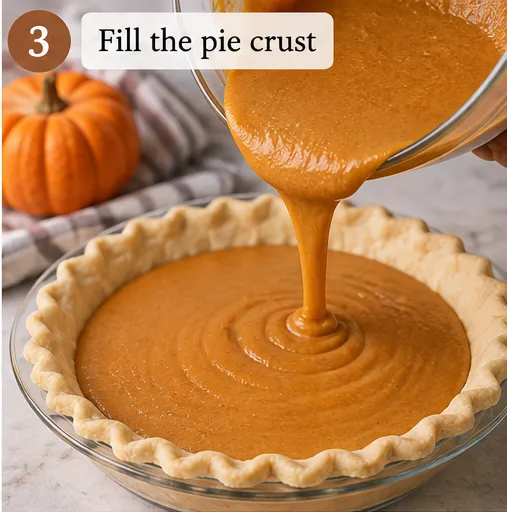 Pumpkin pie filling being poured into an unbaked, crimped pie crust