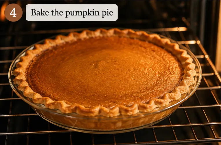 Pumpkin pie baking in the oven on a wire rack, with a golden set filling