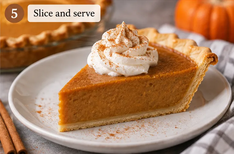 Slice of pumpkin pie on a plate, topped with whipped cream and a dusting of cinnamon
