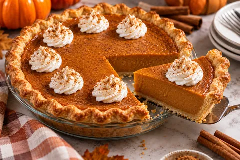 Whole pumpkin pie with a golden fluted crust, topped with whipped cream swirls, with one slice being lifted out