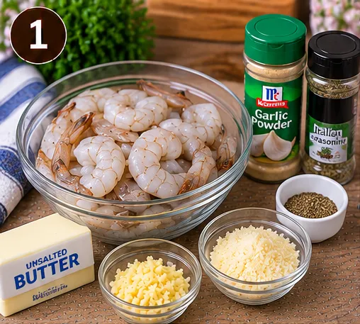 Raw shrimp, butter, garlic, Parmesan, and Italian seasoning measured out and ready to go