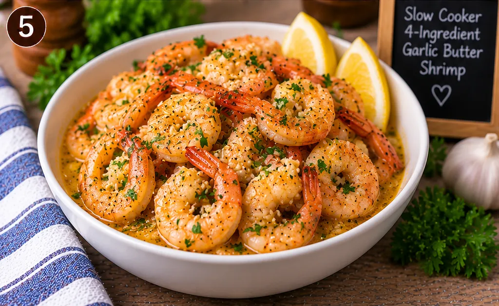 A bowl of finished garlic butter shrimp garnished with parsley and served with lemon wedges